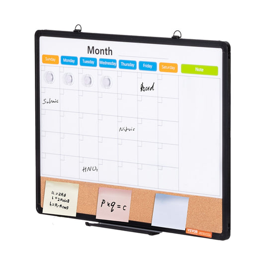 VEVOR 24"x 18" Monthly Calendar Whiteboard & Cork Board Combo with Aluminum Frame – 2-in-1 Magnetic Dry Erase Bulletin Board for Wall Mount – Ideal for School, Home, Office