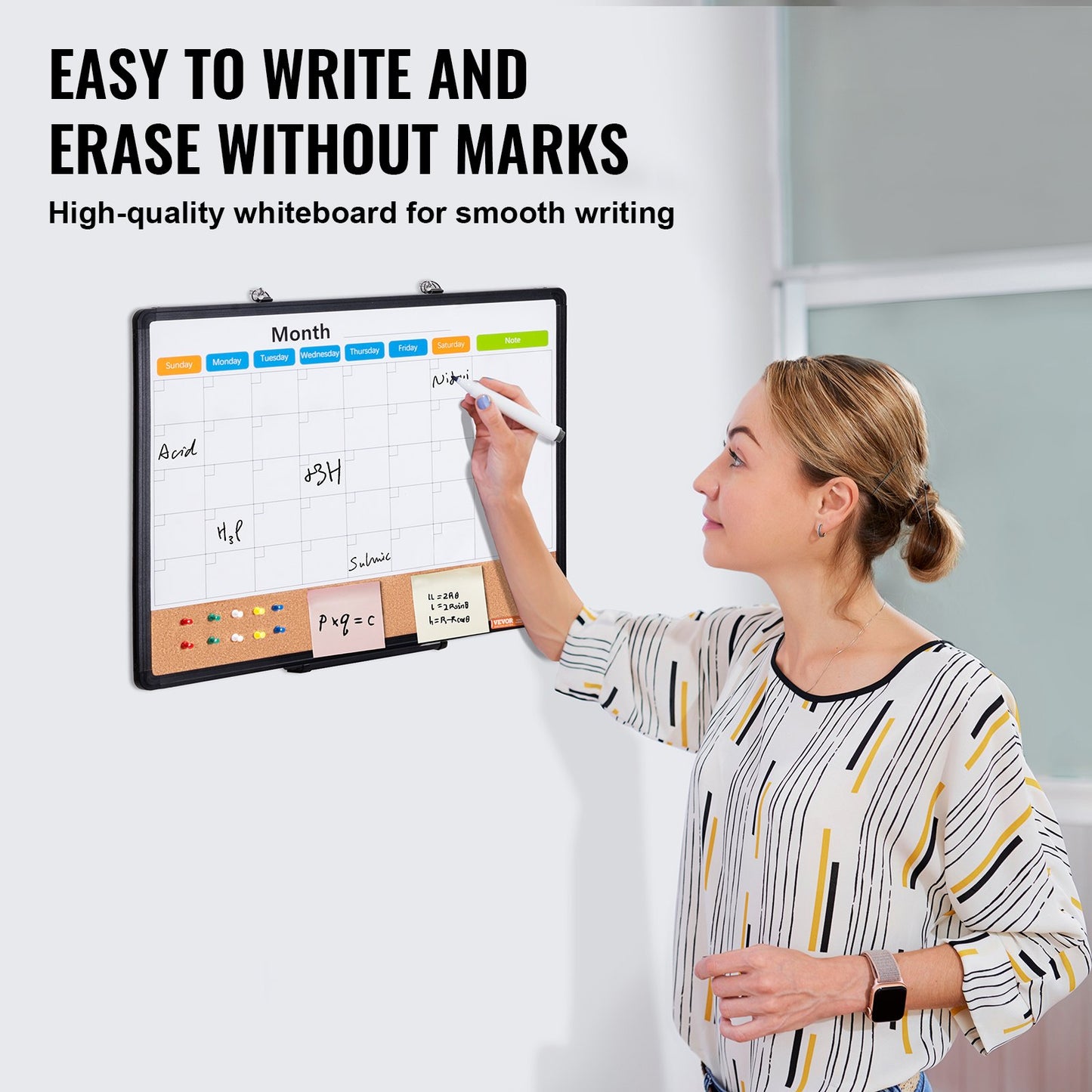 VEVOR 24"x 18" Monthly Calendar Whiteboard & Cork Board Combo with Aluminum Frame – 2-in-1 Magnetic Dry Erase Bulletin Board for Wall Mount – Ideal for School, Home, Office