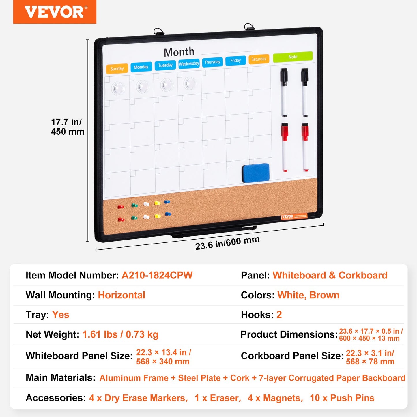 VEVOR 24"x 18" Monthly Calendar Whiteboard & Cork Board Combo with Aluminum Frame – 2-in-1 Magnetic Dry Erase Bulletin Board for Wall Mount – Ideal for School, Home, Office