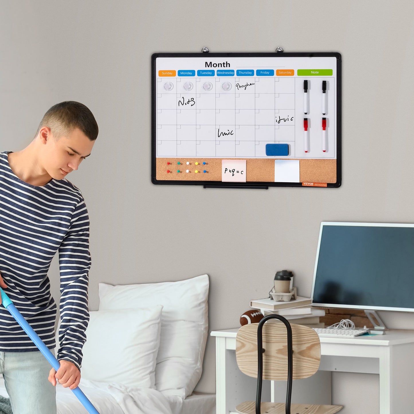 VEVOR 24"x 18" Monthly Calendar Whiteboard & Cork Board Combo with Aluminum Frame – 2-in-1 Magnetic Dry Erase Bulletin Board for Wall Mount – Ideal for School, Home, Office