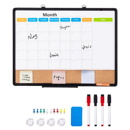 VEVOR 24"x 18" Monthly Calendar Whiteboard & Cork Board Combo with Aluminum Frame – 2-in-1 Magnetic Dry Erase Bulletin Board for Wall Mount – Ideal for School, Home, Office