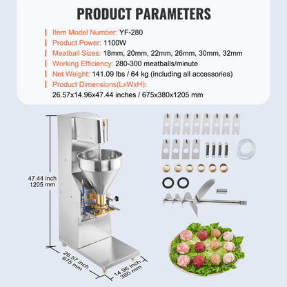 VEVOR Commercial Meatball Forming Machine, 280 PCs/min Automatic Meatball Maker, 1100W Electric Fish Beef Pork Shrimp Ball Making Tool, Stainless Steel Meatball Former with 18/20/22/26/30/32 mm Models