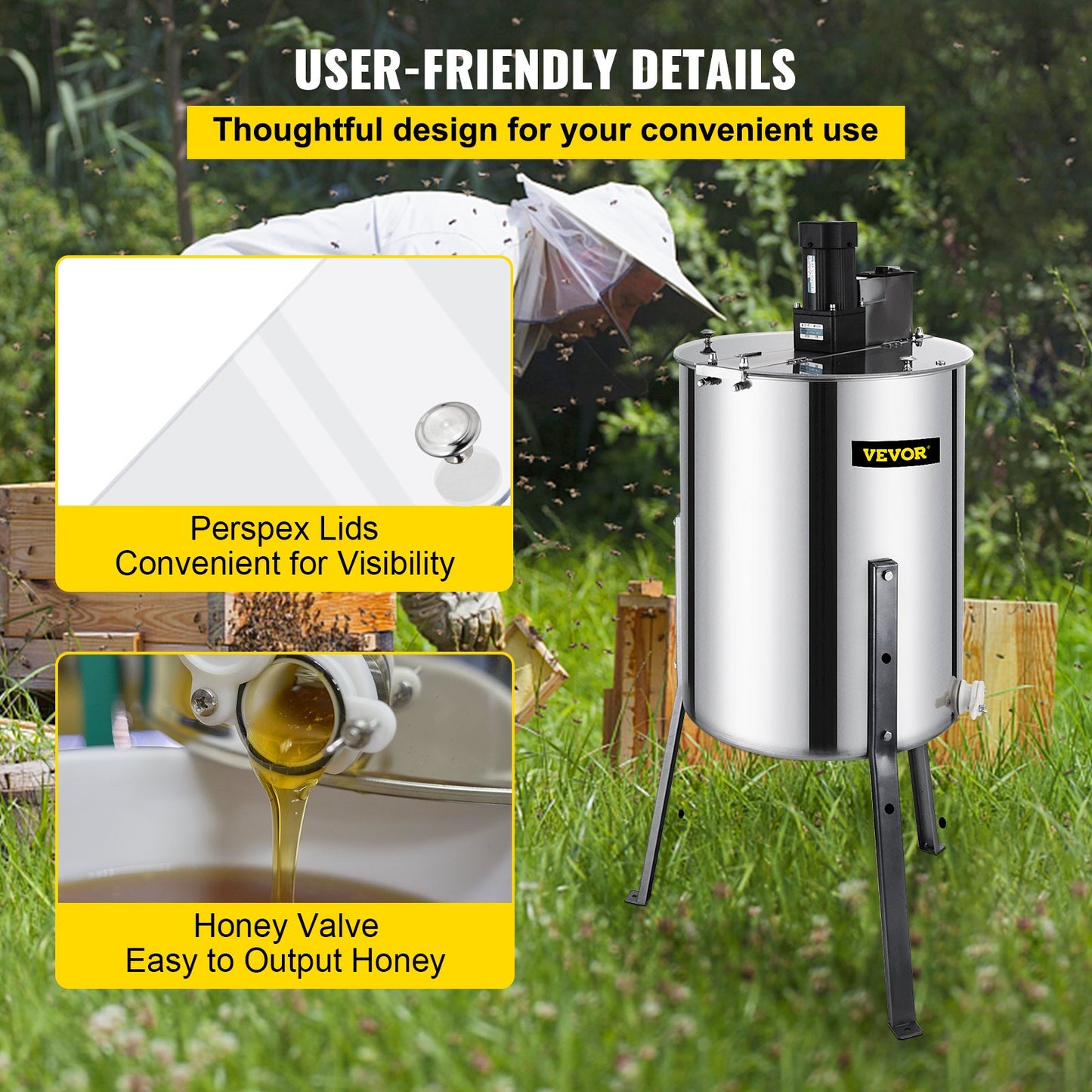 VEVOR 4 Frame Electric Honey Extractor Beekeeping 120 W Motor 2 Clear Lids