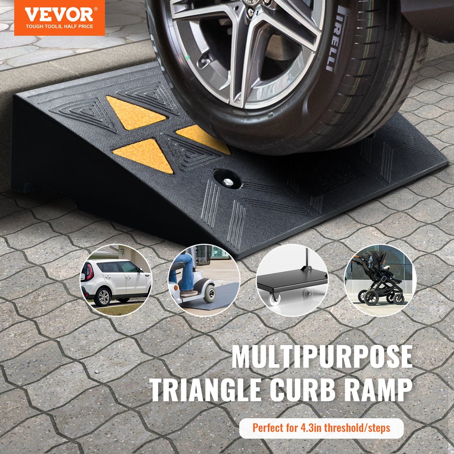 VEVOR Rubber Curb Ramp 2 Pack, 11 cm Rise Height Heavy-Duty 15 tons Load Capacity Threshold Ramps, Driveway Ramps with Stable Grid Structure for Cars, Wheelchairs, Bikes, Motorcycles