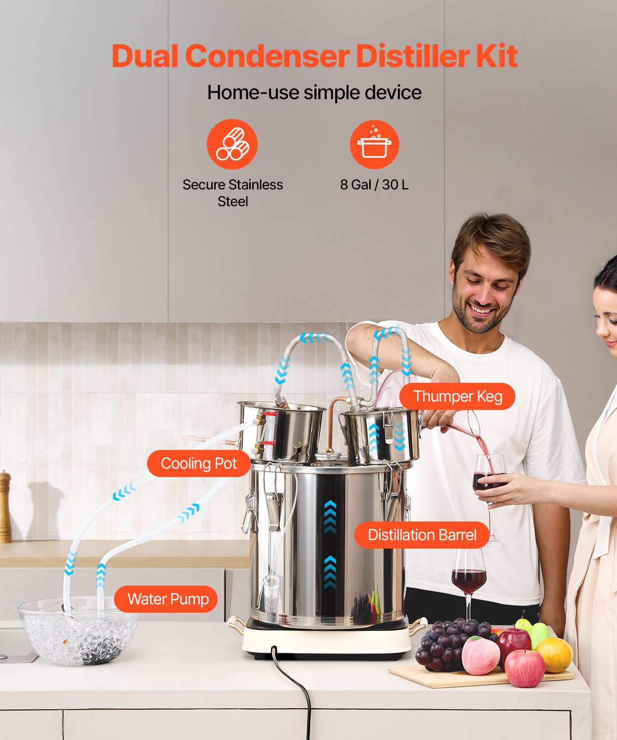 VEVOR Moonshine Still Water Alcohol Distiller 8Gal w/Thumper Keg & 8W Water Pump