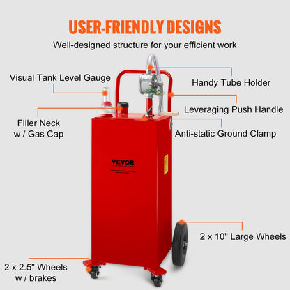 VEVOR 114L Fuel Caddy, Gas Storage Tank & 4 Wheels, with Manuel Transfer Pump, Gasoline Diesel Fuel Container for Cars, Lawn Mowers, ATVs, Boats, More, Red