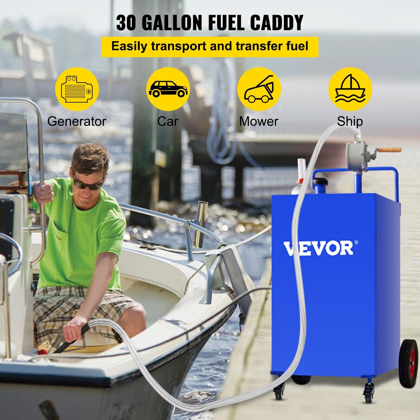 VEVOR 114L Fuel Caddy, Gas Storage Tank & 4 Wheels, with Manuel Transfer Pump, Gasoline Diesel Fuel Container for Cars, Lawn Mowers, ATVs, Boats, More, Blue