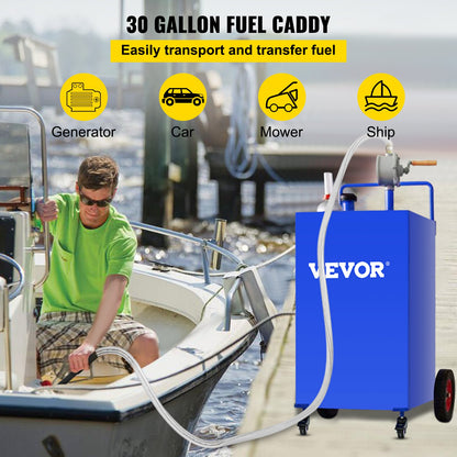 VEVOR 114L Fuel Caddy, Gas Storage Tank & 4 Wheels, with Manuel Transfer Pump, Gasoline Diesel Fuel Container for Cars, Lawn Mowers, ATVs, Boats, More, Blue