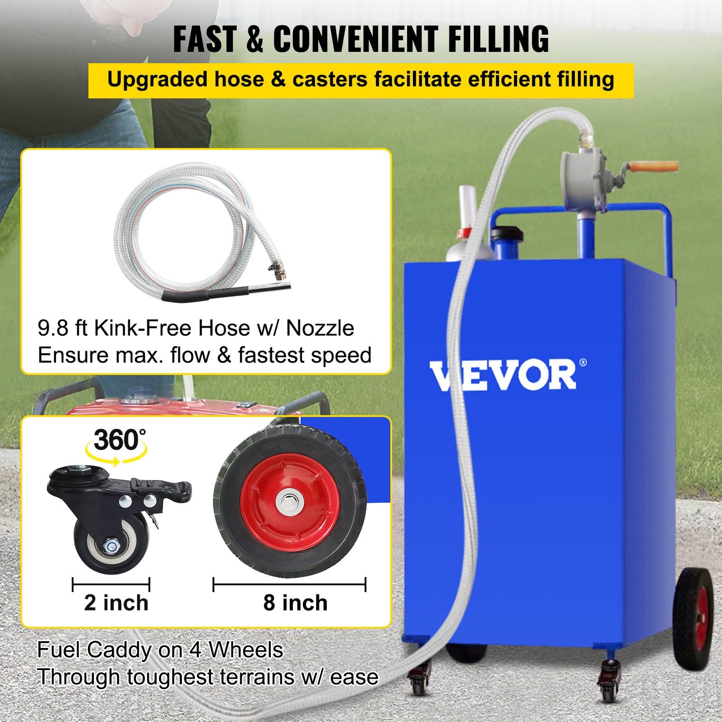 VEVOR 114L Fuel Caddy, Gas Storage Tank & 4 Wheels, with Manuel Transfer Pump, Gasoline Diesel Fuel Container for Cars, Lawn Mowers, ATVs, Boats, More, Blue