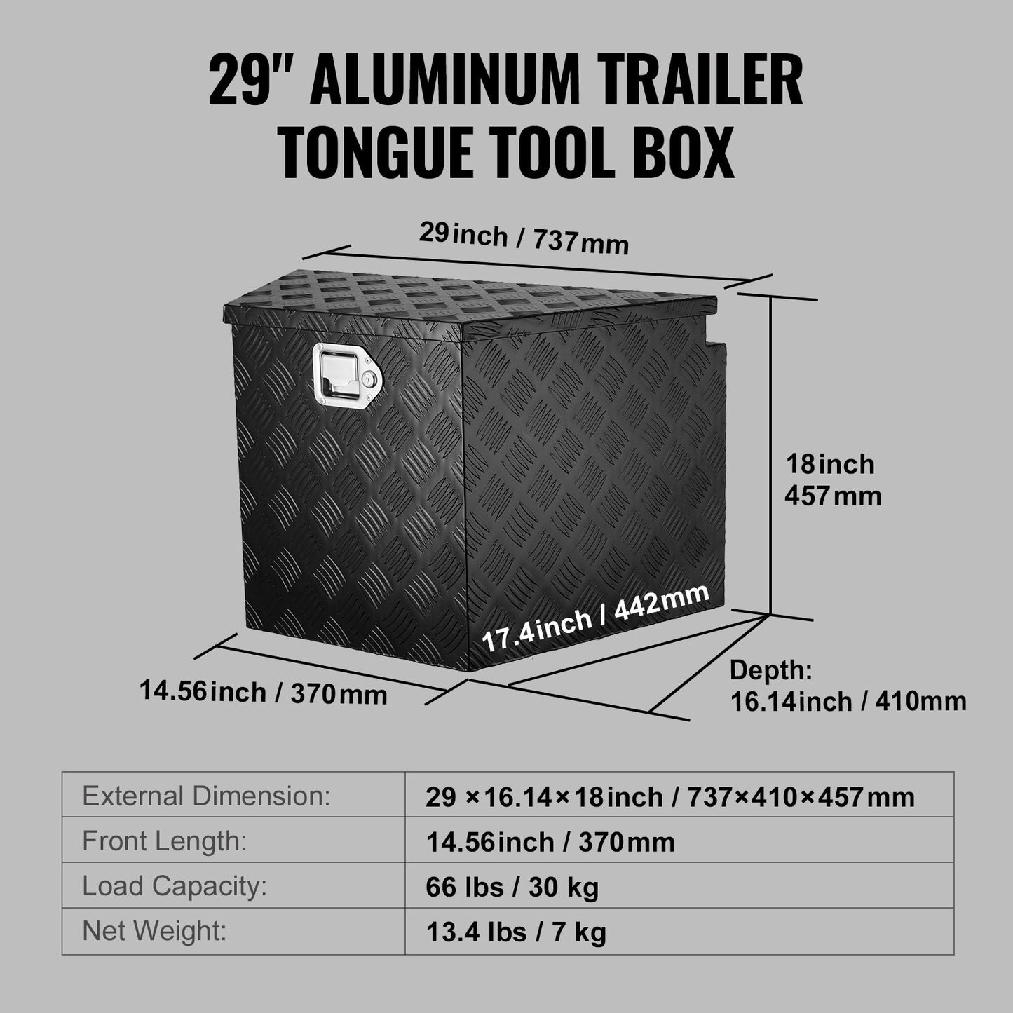 VEVOR Trailer Tongue Box, Aluminum Alloy Diamond Plate Tongue Box Tool Chest, Heavy Duty Trailer Box Storage with Lock and Keys, for Pickup Truck, RV, Trailer, 737 x 410 x 460 mm/29x16.5x18inch