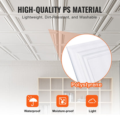 VEVOR Ceiling Tiles, 16-Pack 20 x 20 in, Drop Ceiling Tiles Premium Polystyrene Sheet, Easy Installation/ Cutting Plastic Glue-up Ceiling Tile, Basement Ceiling Covering for Home/Office Decoration