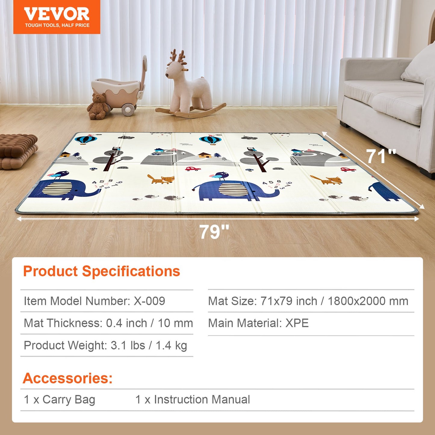 VEVOR Baby Play Mat, 71""x79"" Extra Large Baby Crawling Mat, Non-Slip One-Piece Foam Baby Playmat, Foldable Reversible Floor Mat with Travel Bag, Waterproof Activity Playmat for Babies Toddlers Infants