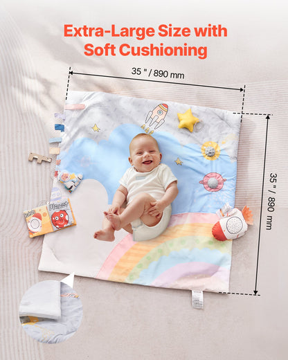VEVOR Baby Play Gym Mat, Tummy Time Mat with 6 Sensory Toys, Baby Activity Mat with Light-up Musical Rocket Toy for 0-18 Month Newborn Infant, Baby Essential Gift for Sensory & Motor Skill Development