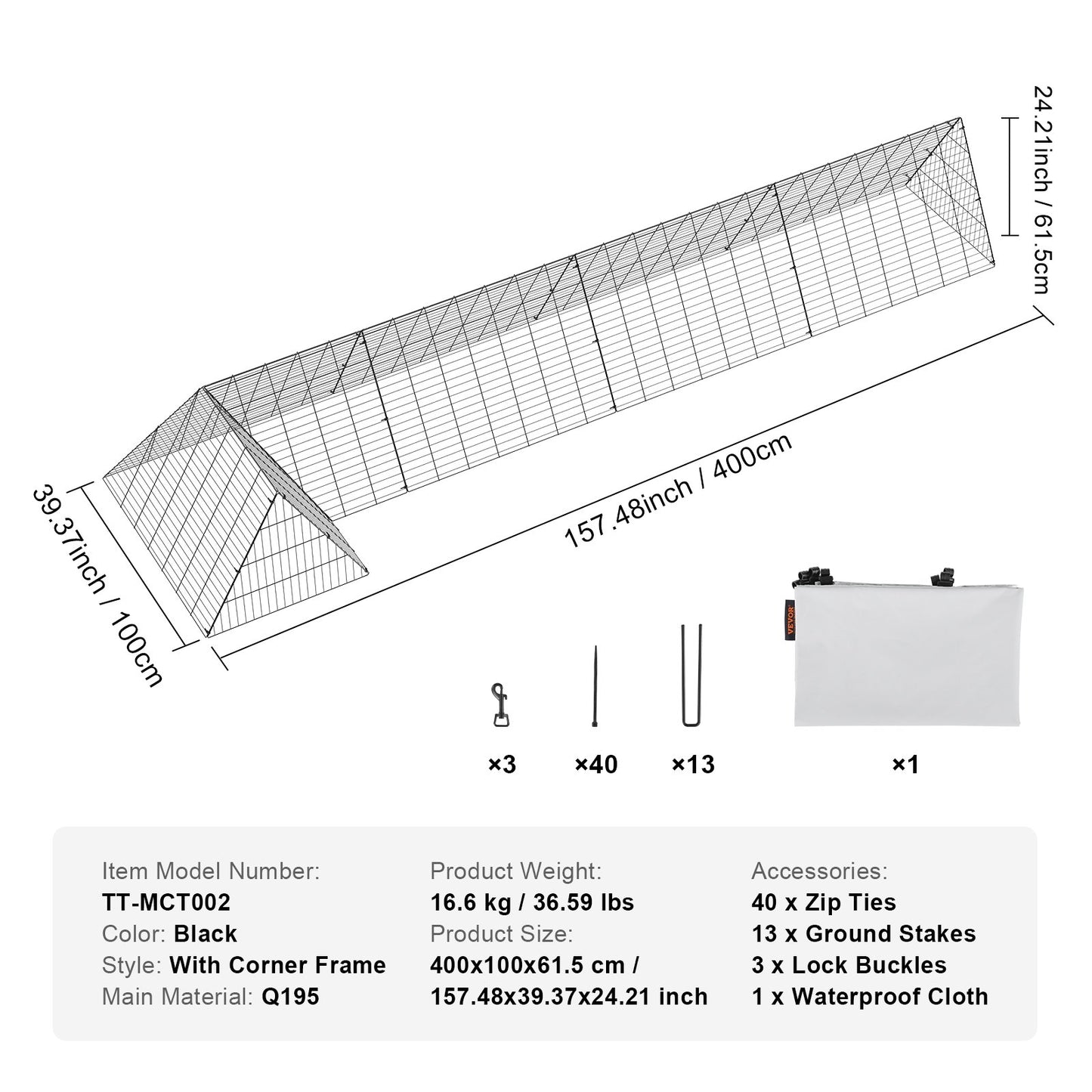 VEVOR Chicken Tunnels, 400x100x61.5 cm(LxWxH) Chicken Tunnels for Yard, Portable Chicken Tunnels for Outside with Corner Frames, Chicken Coop Run, Suitable for Chickens, Ducks, Rabbits