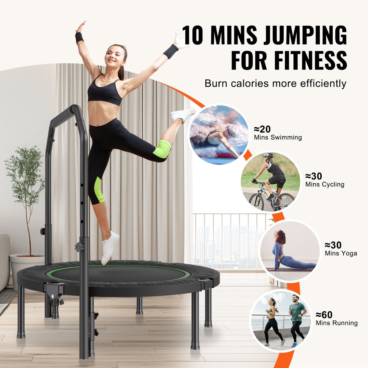 VEVOR Foldable Mini Trampoline, 40 Inch Fitness Rebounder, Max Load 330lbs Exercise Trampoline, Stable & Quiet Trampoline with 4 Level Height Adjustable Foam Handle, for Adults Indoor/Garden Workout