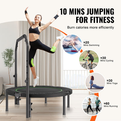 VEVOR Foldable Mini Trampoline, 40 Inch Fitness Rebounder, Max Load 330lbs Exercise Trampoline, Stable & Quiet Trampoline with 4 Level Height Adjustable Foam Handle, for Adults Indoor/Garden Workout