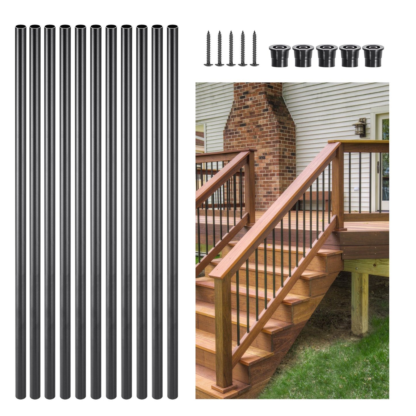 VEVOR Staircase Balusters 101 Pack, 660 mm Aluminum Stair Balusters, 19 mm Water-Proof Round Metal Spindle Railing, Hollow Deck Railing with Rail Caps & Screws for Stairs, Porch, Patio, Matte Black