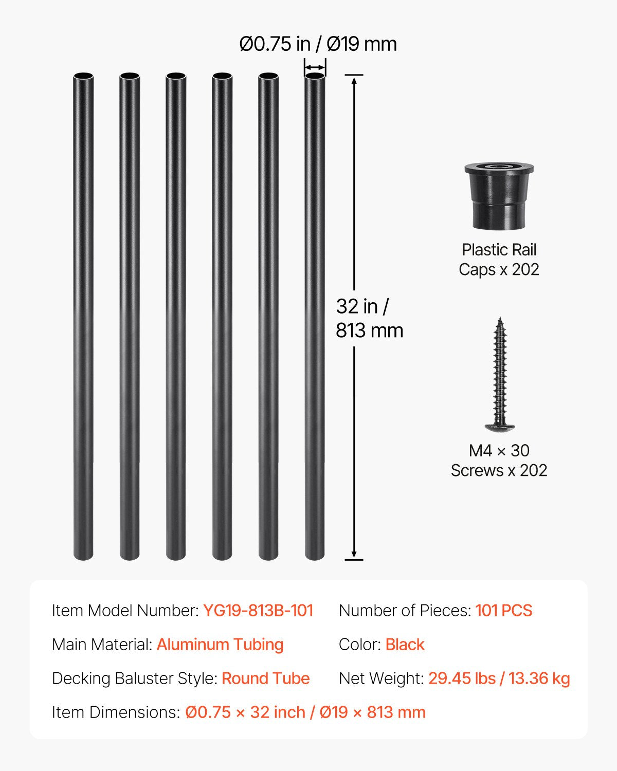 VEVOR Staircase Balusters 101 Pack, 32 In Aluminum Stair Balusters, 3/4 In Water-Proof Round Metal Spindle Railing, Hollow Deck Railing with Rail Caps & Screws for Stairs, Porch, Patio, Fence, Black