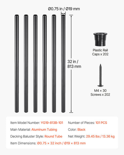 VEVOR Staircase Balusters 101 Pack, 32 In Aluminum Stair Balusters, 3/4 In Water-Proof Round Metal Spindle Railing, Hollow Deck Railing with Rail Caps & Screws for Stairs, Porch, Patio, Fence, Black