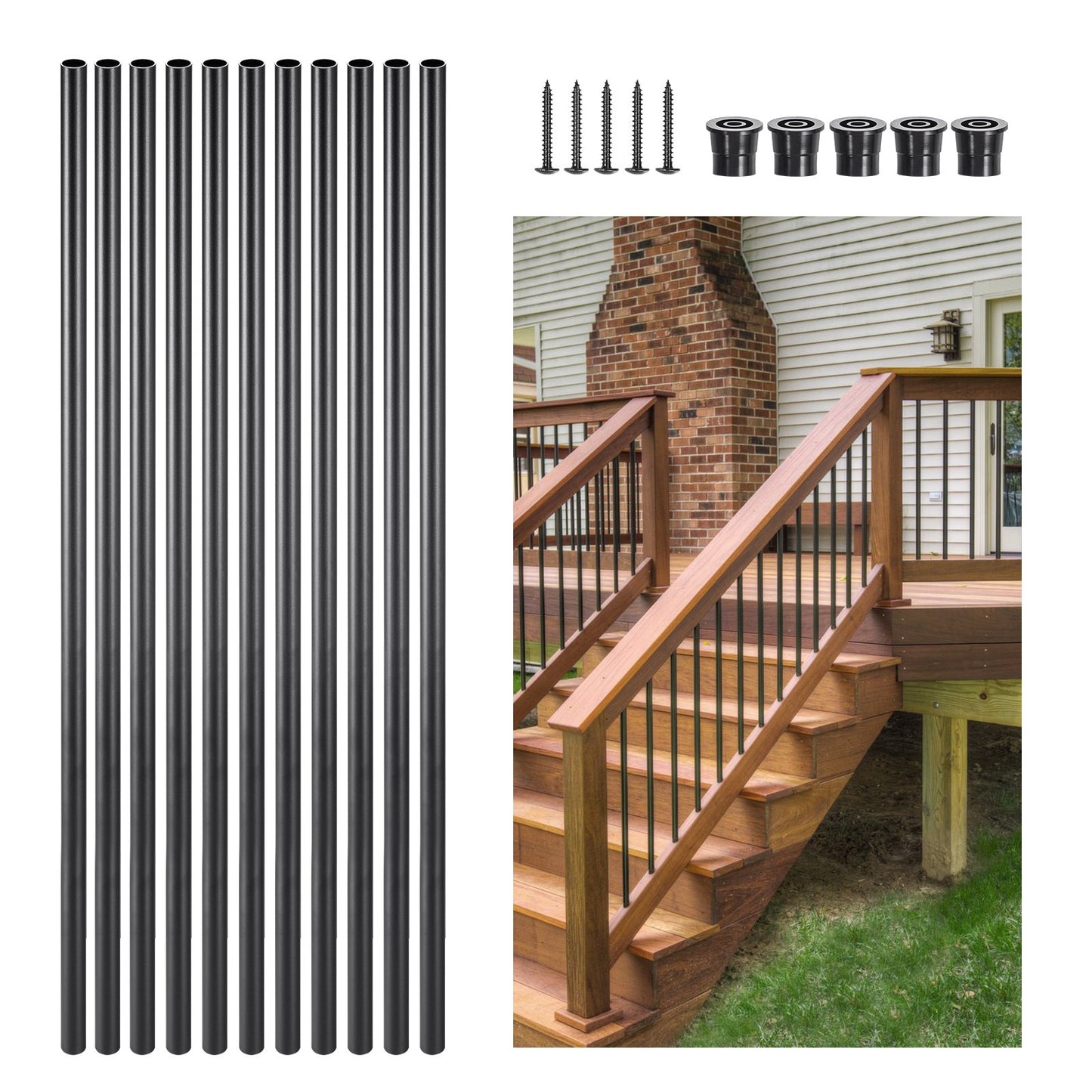 VEVOR Staircase Balusters 101 Pack, 32 In Aluminum Stair Balusters, 3/4 In Water-Proof Round Metal Spindle Railing, Hollow Deck Railing with Rail Caps & Screws for Stairs, Porch, Patio, Fence, Black