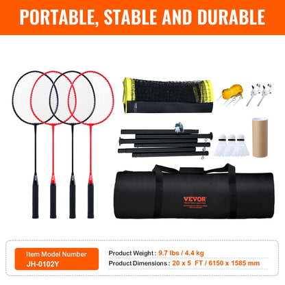 VEVOR Badminton Net Set, Outdoor Backyard Beach Park Badminton Net, Portable Badminton Equipment Set, Adults Kids Badminton Net with Poles, Carrying Bag, 4 Iron Rackets, and 3 Nylon Shuttlecocks