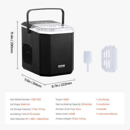VEVOR Portable Countertop Ice Maker 26Lbs/24H Self-Cleaning with Scoop Basket