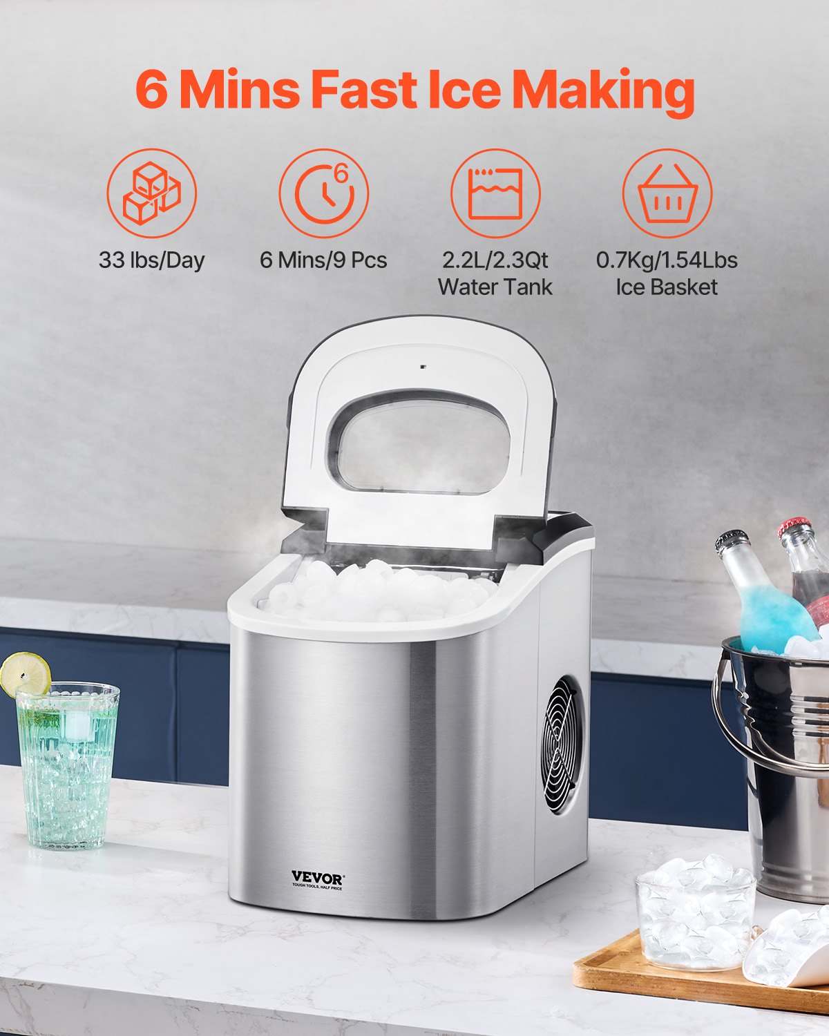 VEVOR Portable Countertop Ice Maker 33Lbs/24H Self-Cleaning with Scoop Basket