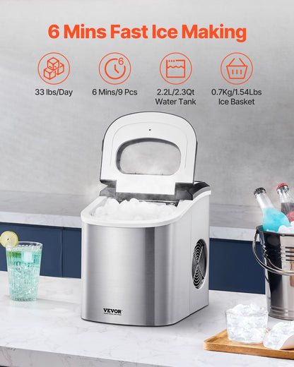VEVOR Portable Countertop Ice Maker 33Lbs/24H Self-Cleaning with Scoop Basket