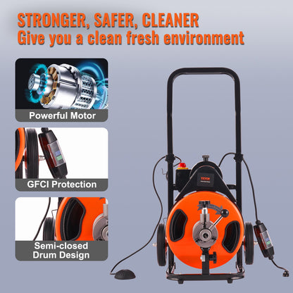 VEVOR Drain Cleaning Machine 50 FT x 1/2 Inch, Sewer Snake Machine Auto Feed, Drain Auger Cleaner with 4 Cutter & Air-Activated Foot Switch for 1" to 4" Pipes