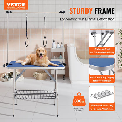 VEVOR Pet Grooming Table Two Arms with Clamp, 915 x 610mm Dog Grooming Station, Foldable Pets Grooming Stand for Medium and Small Dogs, Free Two No Sit Haunch Holder with Grooming Loop, Bearing 150kg