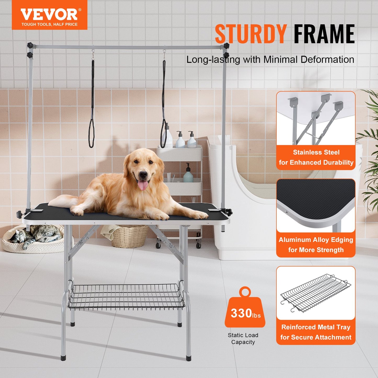 VEVOR Pet Grooming Table Two Arms with Clamp, 117cm Dog Grooming Station, Foldable Pets Grooming Stand for Medium and Small Dogs, Free Two No Sit Haunch Holder with Grooming Loop, Bearing 149.7kg