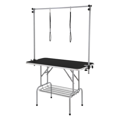 VEVOR Pet Grooming Table Two Arms with Clamp, 117cm Dog Grooming Station, Foldable Pets Grooming Stand for Medium and Small Dogs, Free Two No Sit Haunch Holder with Grooming Loop, Bearing 149.7kg