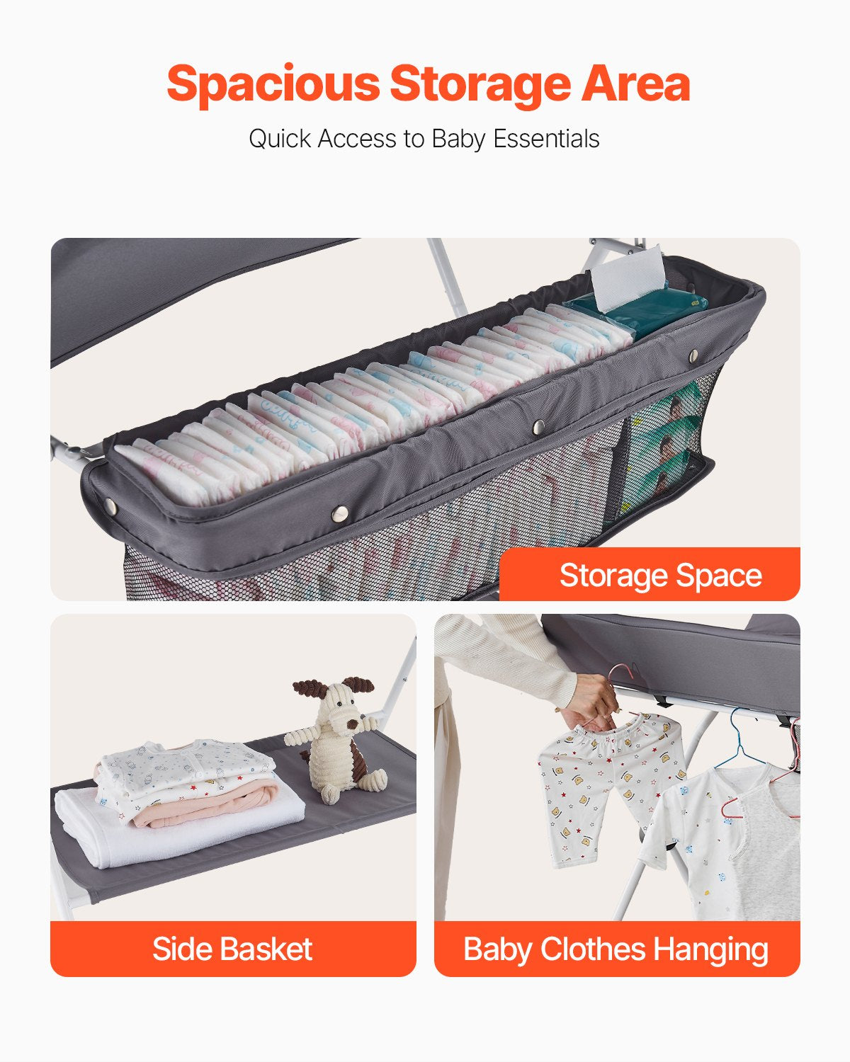 VEVOR Baby Changing Table, Foldable Diaper Change Station with Side Basket, Adjustable Height Portable Changing Table with Lockable Wheels, Multi-Functional Storage Organizer Nursery, Dark Gray