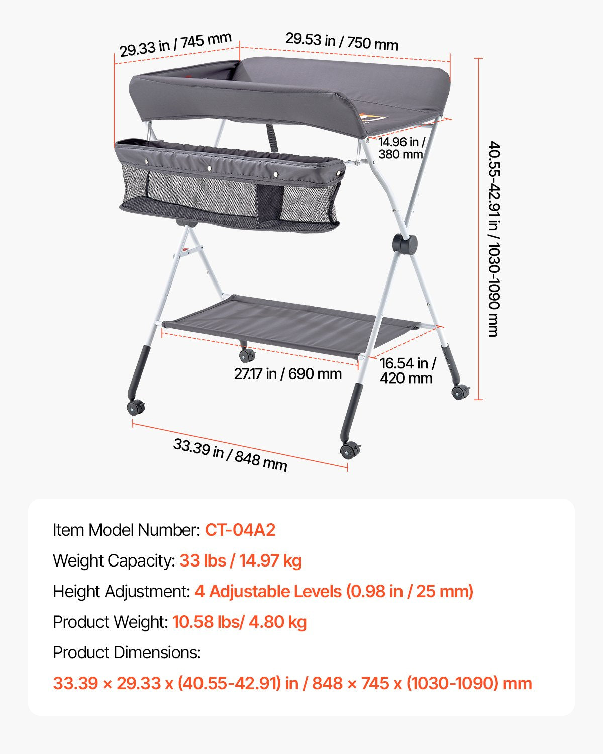 VEVOR Baby Changing Table, Foldable Diaper Change Station with Side Basket, Adjustable Height Portable Changing Table with Lockable Wheels, Multi-Functional Storage Organizer Nursery, Dark Gray