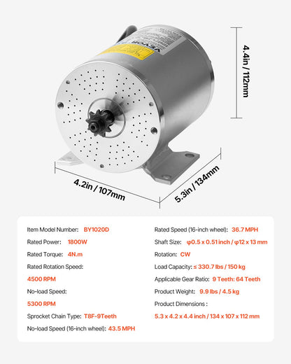 VEVOR 1800W Electric Brushless DC Motor 48V 4500rpm Motor for E-Bike Dirt Bike