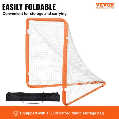 VEVOR Lacrosse Goal, 1.2 mx 1.2 m Small Kids Lacrosse Net, Folding Portable Lacrosse Goal with Carry Bag, Iron Frame Backyard Training Equipment, Quick & Easy Setup, Perfect for Youth Training, Orange