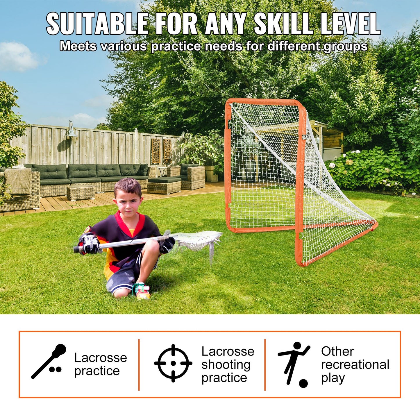VEVOR Lacrosse Goal, 1.2 mx 1.2 m Small Kids Lacrosse Net, Folding Portable Lacrosse Goal with Carry Bag, Iron Frame Backyard Training Equipment, Quick & Easy Setup, Perfect for Youth Training, Orange