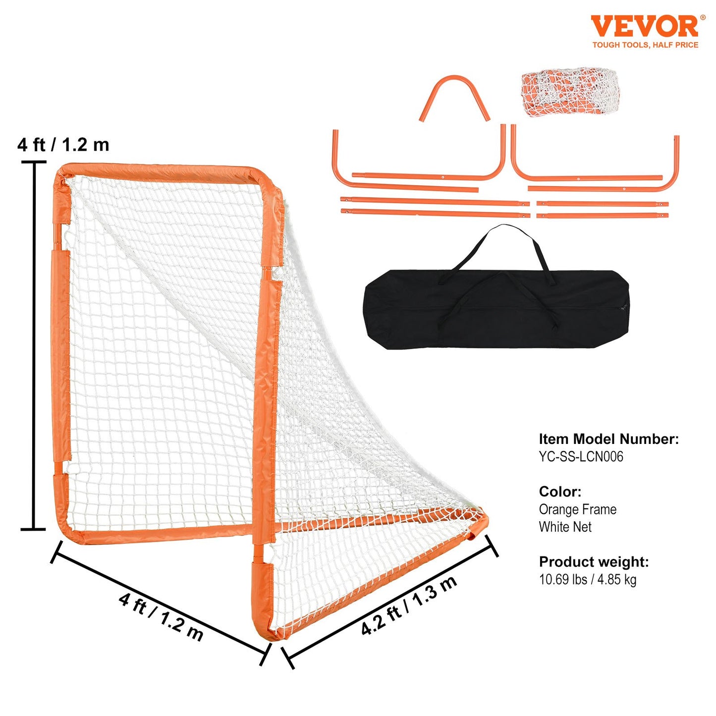 VEVOR Lacrosse Goal, 1.2 mx 1.2 m Small Kids Lacrosse Net, Folding Portable Lacrosse Goal with Carry Bag, Iron Frame Backyard Training Equipment, Quick & Easy Setup, Perfect for Youth Training, Orange