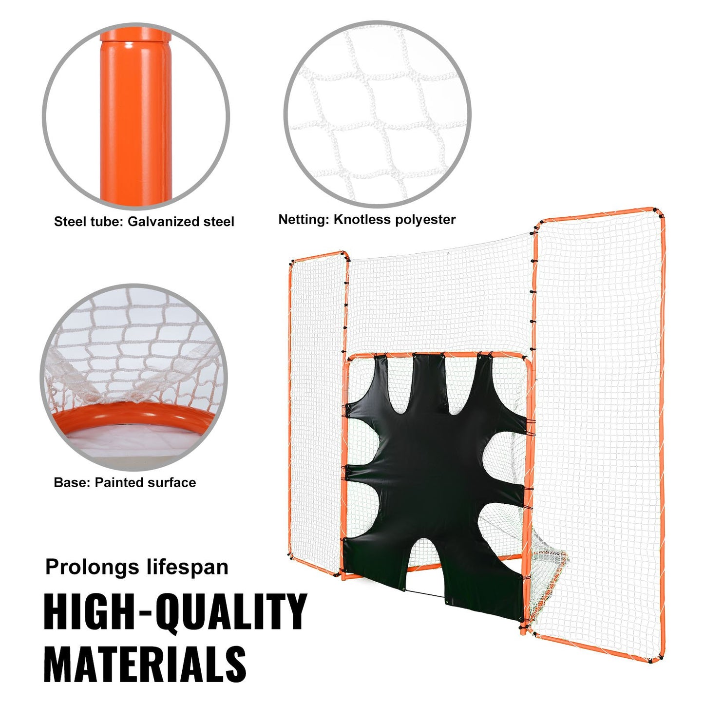 VEVOR 3-IN-1 Lacrosse Goal with Backstop and Target,3.7mx2.7m Lacrosse Net, Steel Frame Backyard Lacrosse Rebounder Equipment, Quick & Easy Setup Training Net, Perfect for Youth Adult Training, Orange