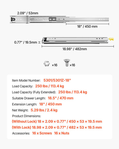 VEVOR 1 Pair 16-60 in Soft-Close Drawer Slides Ball Bearing Full Extension