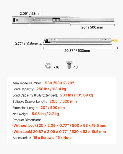 VEVOR 1 Pair 16-60 in Soft-Close Drawer Slides Ball Bearing Full Extension
