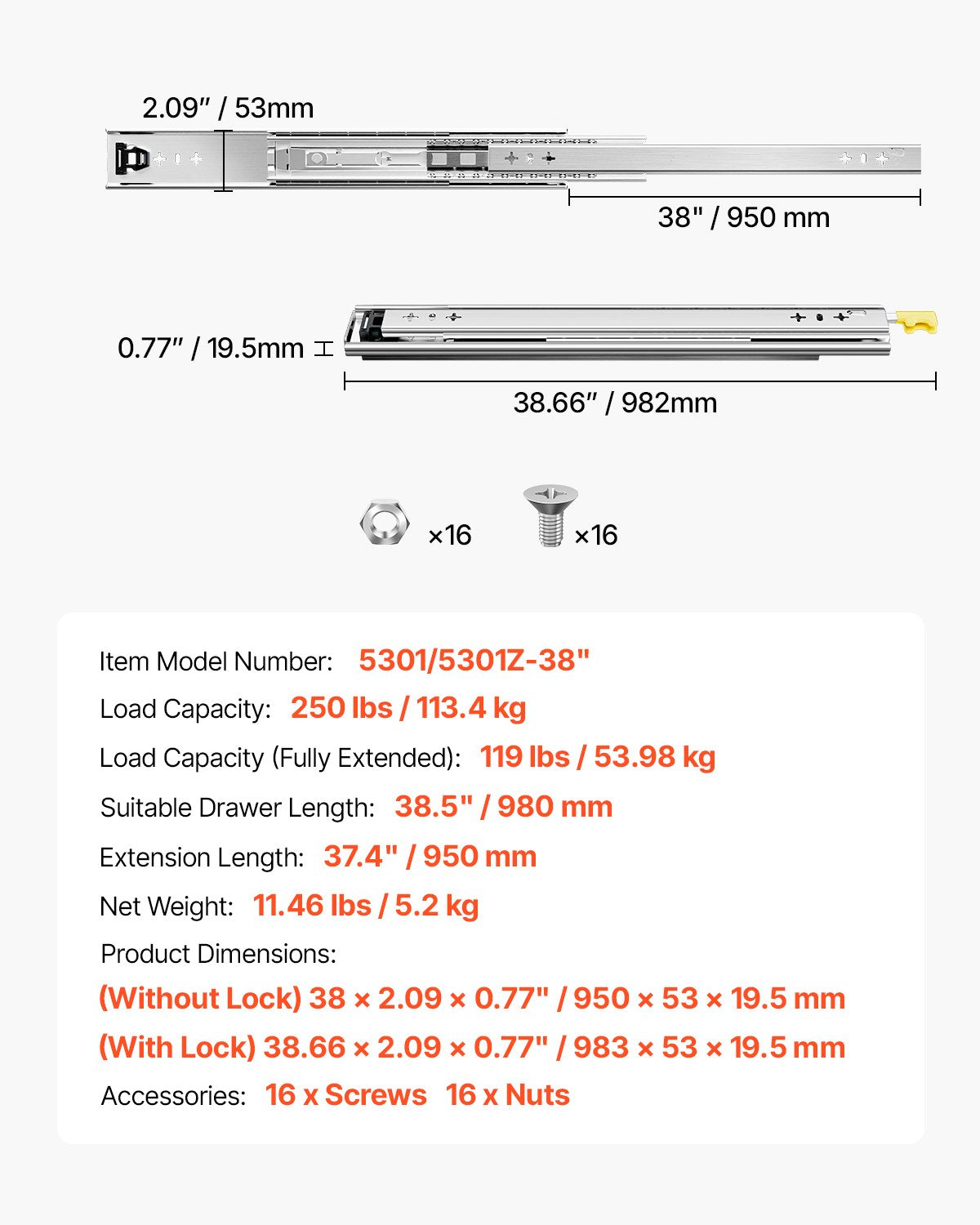 VEVOR 1 Pair 16-60 in Soft-Close Drawer Slides Ball Bearing Full Extension