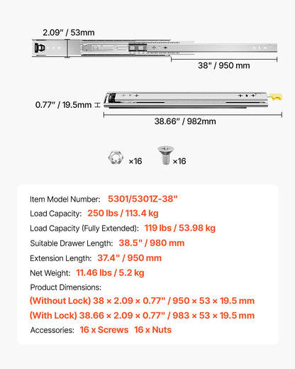 VEVOR 1 Pair 16-60 in Soft-Close Drawer Slides Ball Bearing Full Extension
