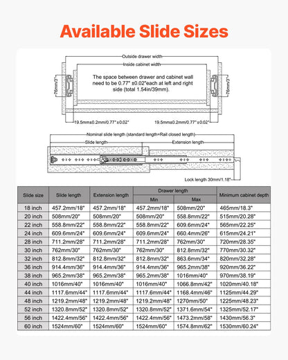 VEVOR 1 Pair 18-60 in Soft-Close Drawer Slides Ball Bearing Full Extension