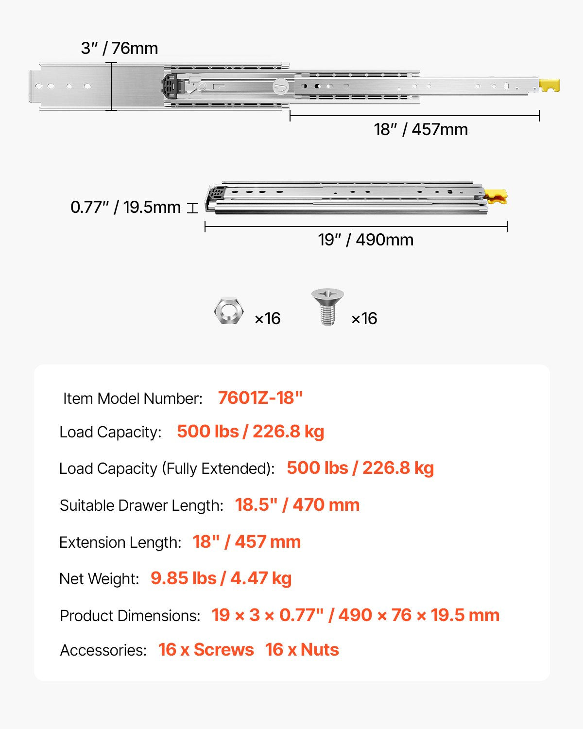 VEVOR 1 Pair 18-60 in Soft-Close Drawer Slides Ball Bearing Full Extension