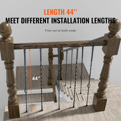 VEVOR Staircase Metal Balusters, 44'' x 1/2" Galvanized Steel Decorative Banister Spindles, 10 Pack Deck Baluster with Hollow Single Baskets, Twists, Spiral Stair Railing w/ Shoes & Screws