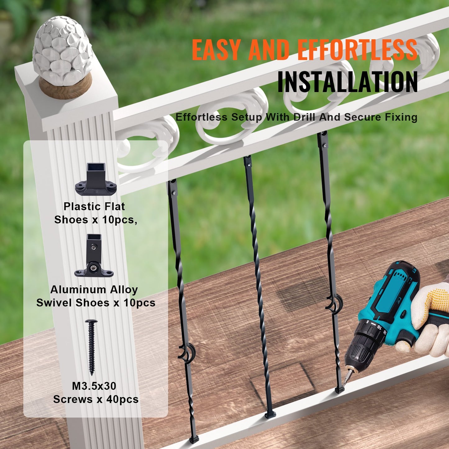 VEVOR Staircase Metal Balusters, 44'' x 1/2" Galvanized Steel Decorative Banister Spindles, 10 Pack Deck Baluster with Hollow Single Baskets, Twists, Spiral Stair Railing w/ Shoes & Screws