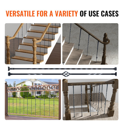 VEVOR Staircase Metal Balusters, 44'' x 1/2" Galvanized Steel Decorative Banister Spindles, 10 Pack Deck Baluster with Hollow Single Baskets, Twists, Spiral Stair Railing w/ Shoes & Screws