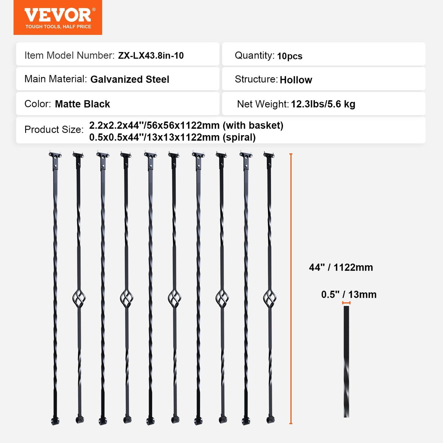 VEVOR Staircase Metal Balusters, 44'' x 1/2" Galvanized Steel Decorative Banister Spindles, 10 Pack Deck Baluster with Hollow Single Baskets, Twists, Spiral Stair Railing w/ Shoes & Screws