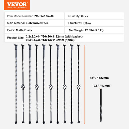 VEVOR Staircase Metal Balusters, 44'' x 1/2" Galvanized Steel Decorative Banister Spindles, 10 Pack Deck Baluster with Hollow Single Baskets, Twists, Spiral Stair Railing w/ Shoes & Screws